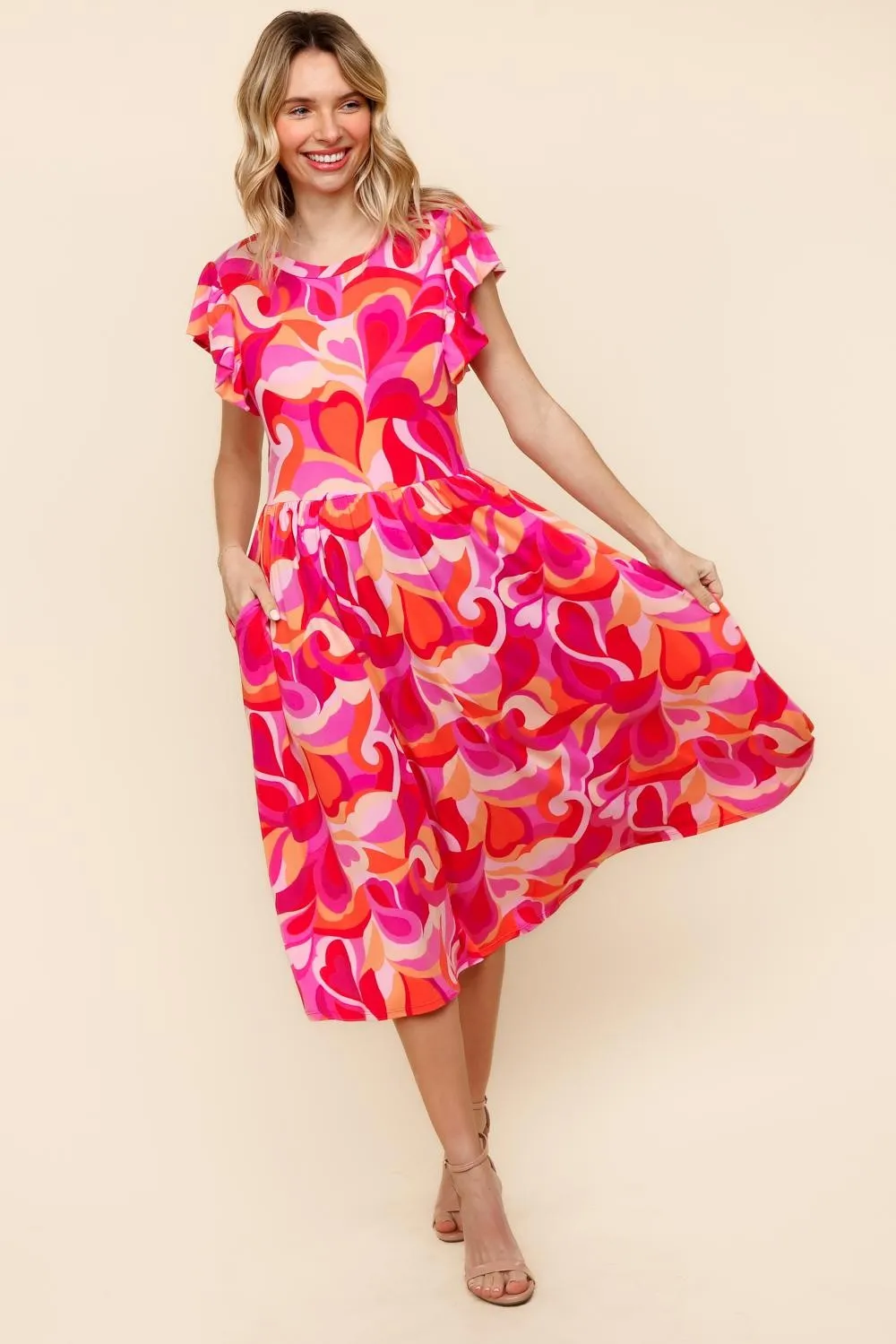FIT AND FLARE GEOMETRIC PRINT MIDI DRESS