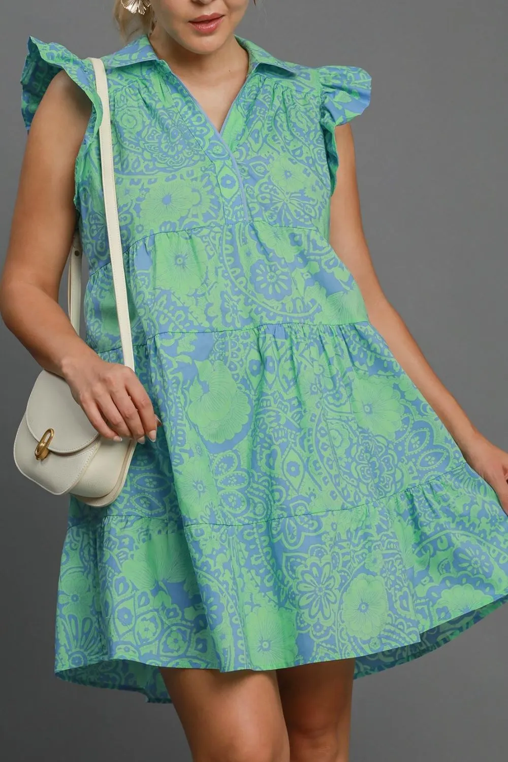 Floral Melody Ruffle Sleeve Babydoll Dress in Mint Blue