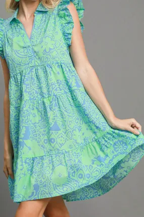 Floral Melody Ruffle Sleeve Babydoll Dress in Mint Blue