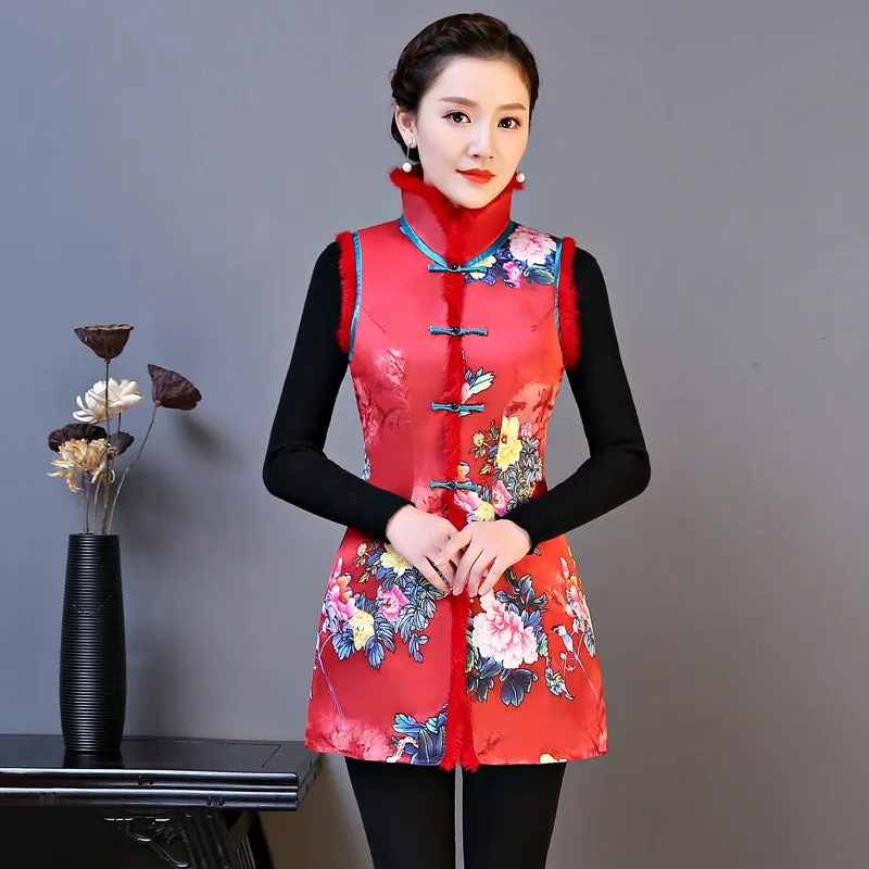 Fur Collar & Edge Floral Chinese Style Wadded Waistcoat Vest