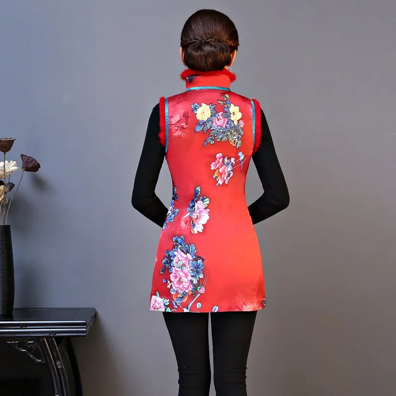 Fur Collar & Edge Floral Chinese Style Wadded Waistcoat Vest