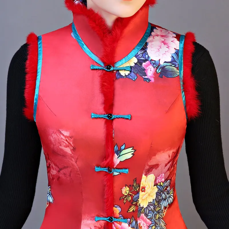 Fur Collar & Edge Floral Chinese Style Wadded Waistcoat Vest