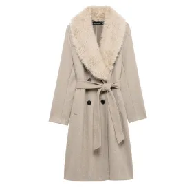 Fur Collar Double Breasted Belted Coat