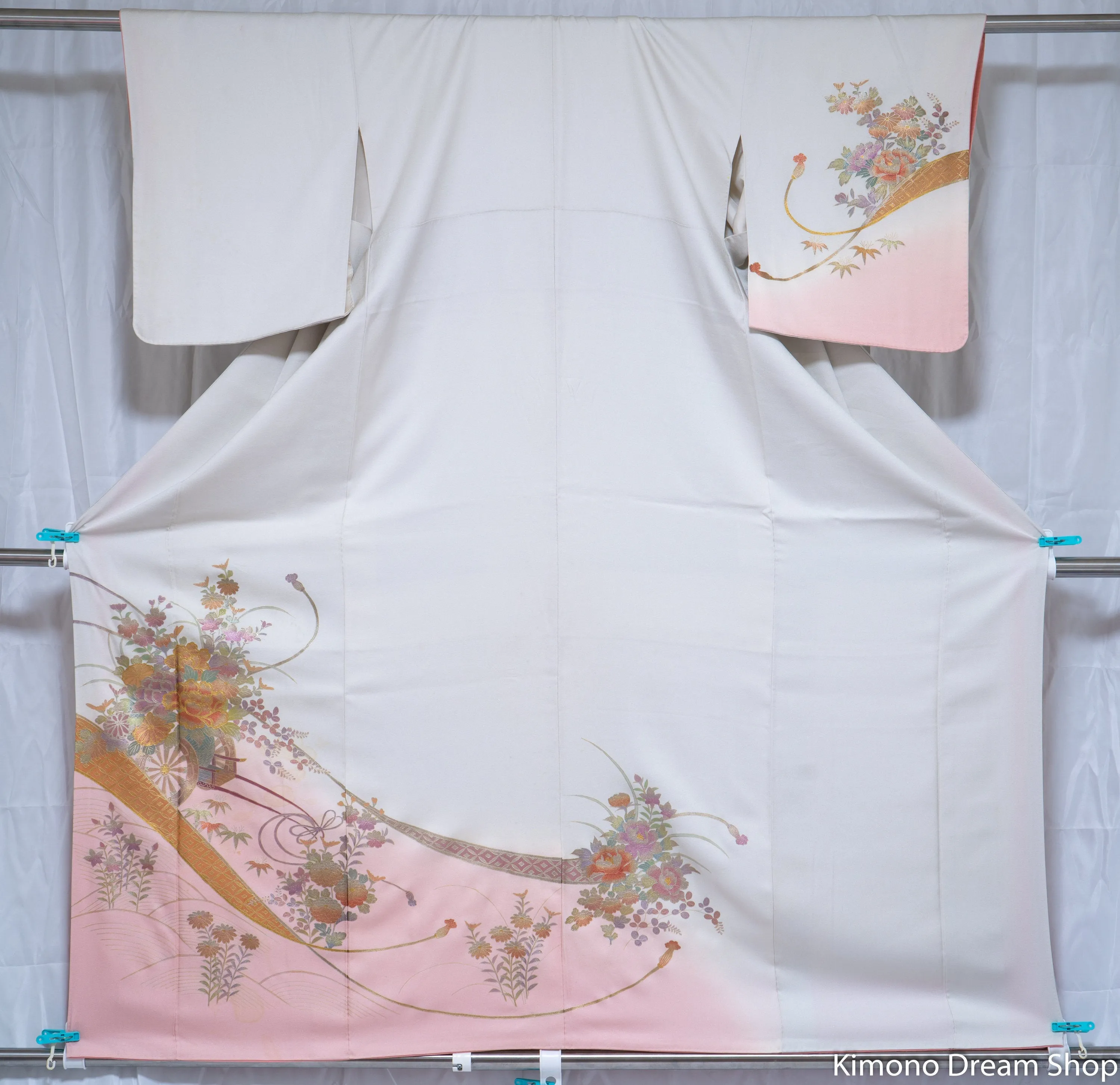 Golden Wedding Flower Cart Houmongi - Floral Bouquet Formal Women's Kimono Gown - Golden Accenting Modern Japanese Robe