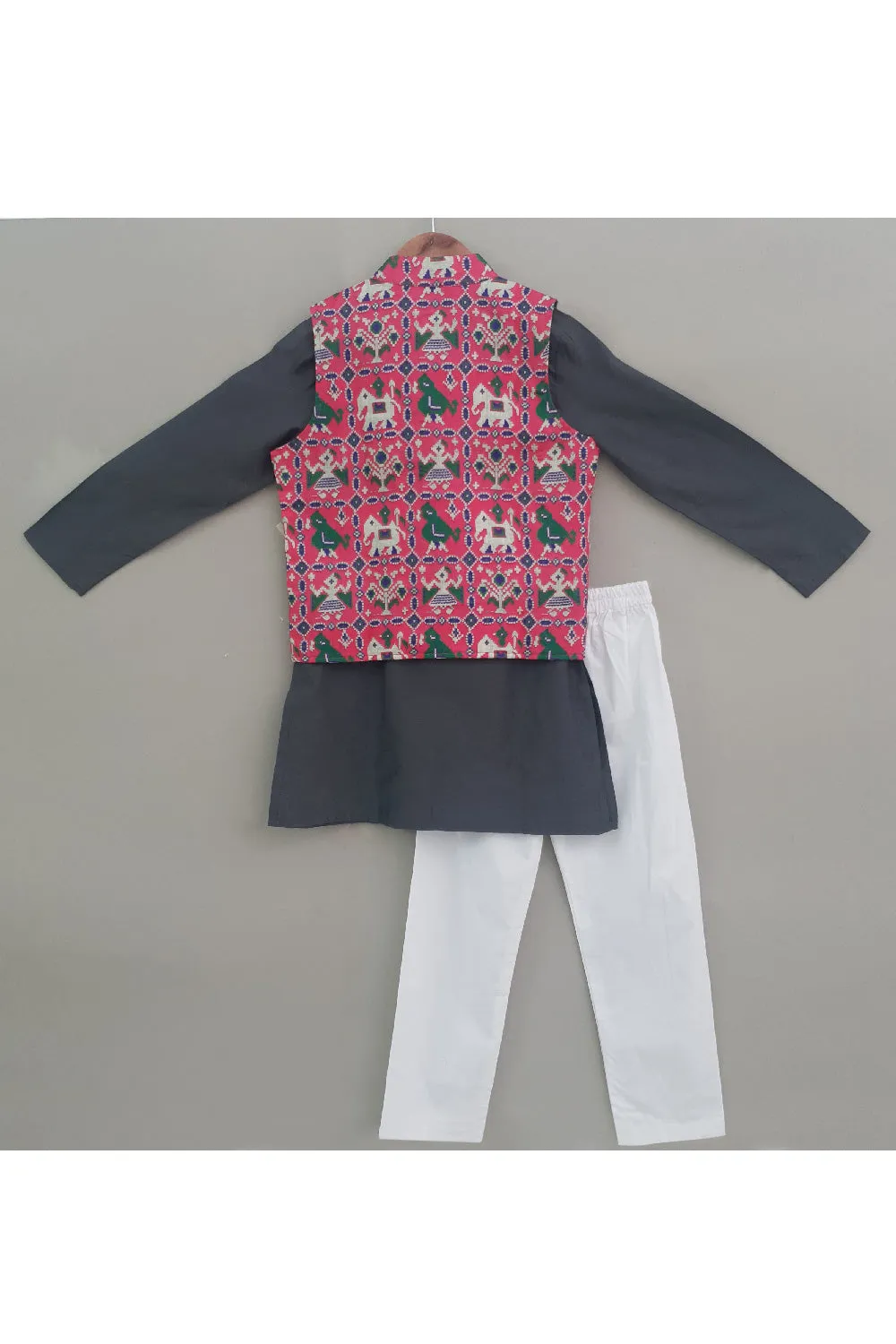 Grey Cotton Silk Kurta With Pink Patola Printed Jacket Set