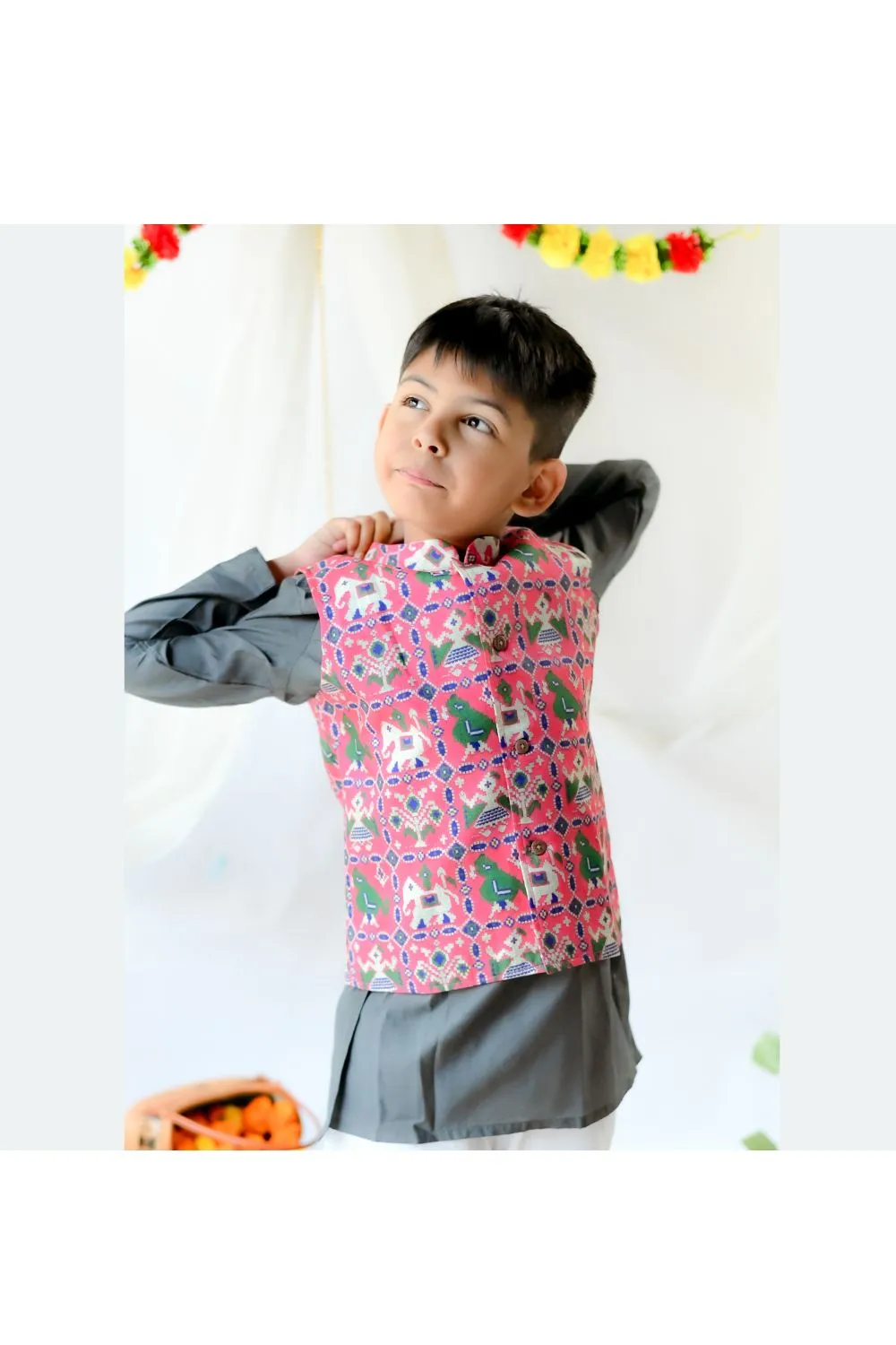 Grey Cotton Silk Kurta With Pink Patola Printed Jacket Set