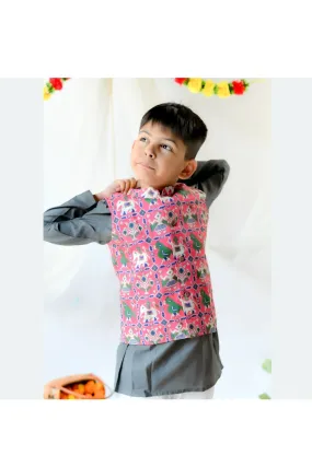 Grey Cotton Silk Kurta With Pink Patola Printed Jacket Set