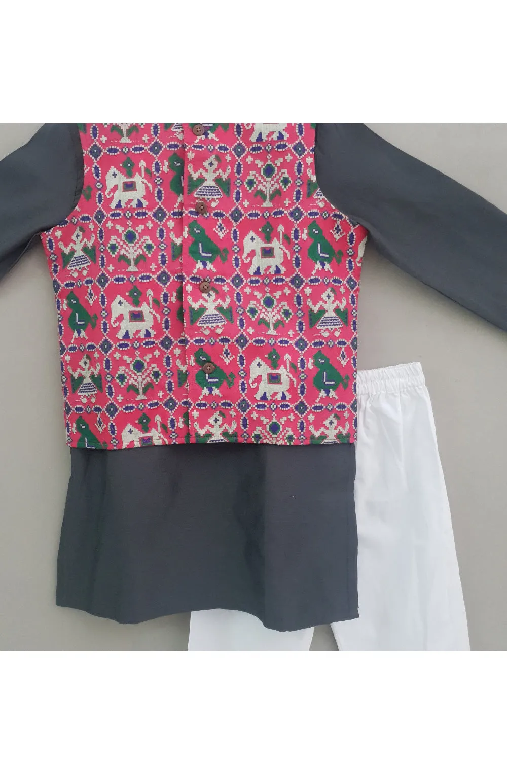 Grey Cotton Silk Kurta With Pink Patola Printed Jacket Set