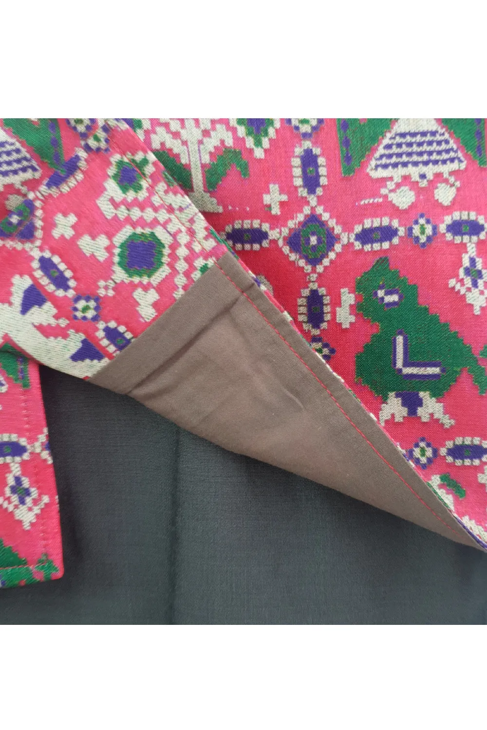 Grey Cotton Silk Kurta With Pink Patola Printed Jacket Set
