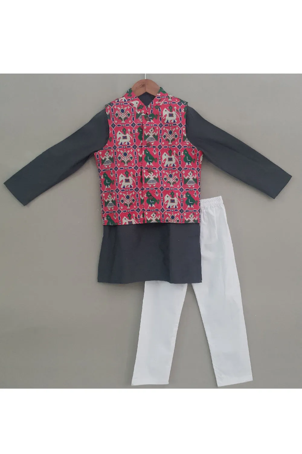 Grey Cotton Silk Kurta With Pink Patola Printed Jacket Set