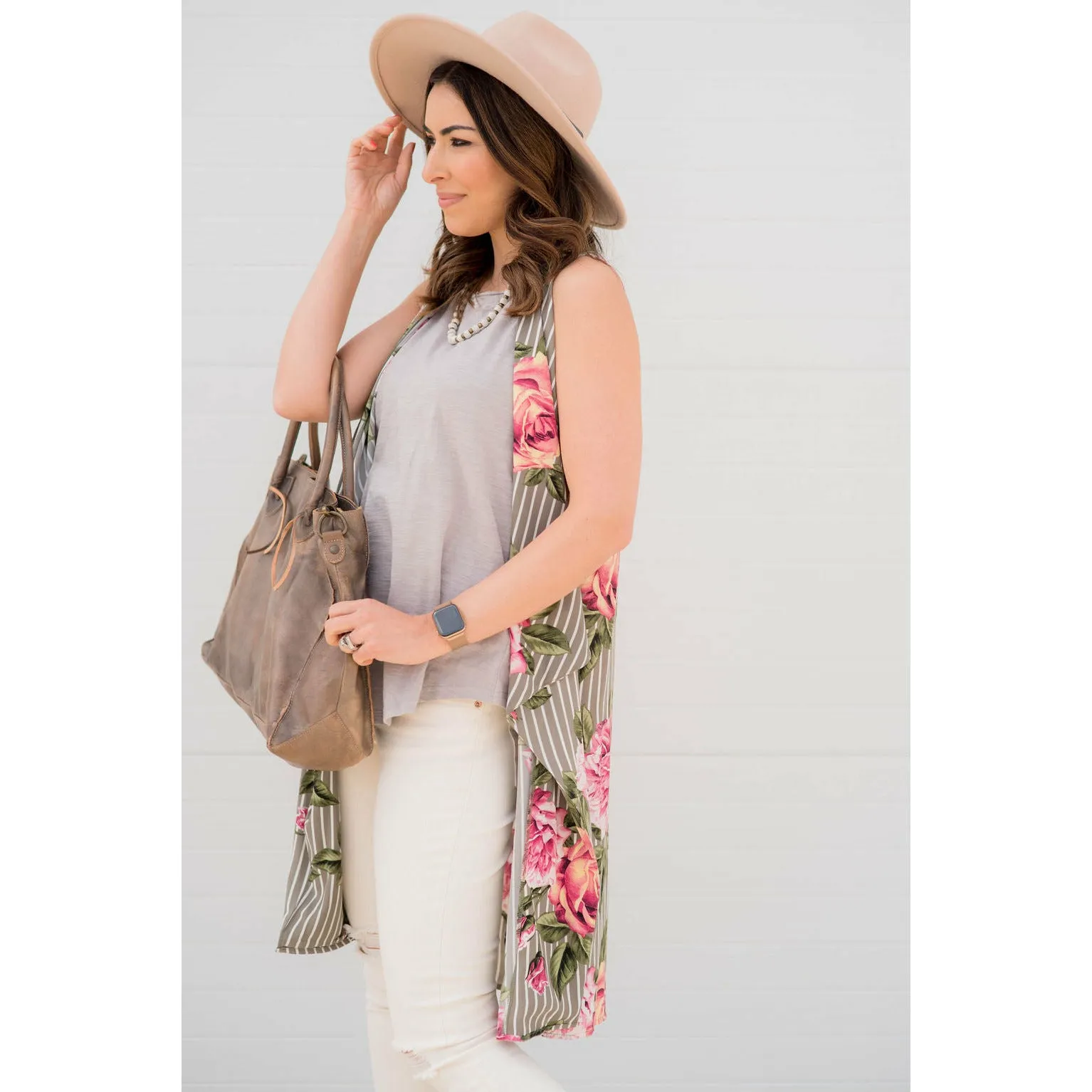 Grey Floral Striped Kimono