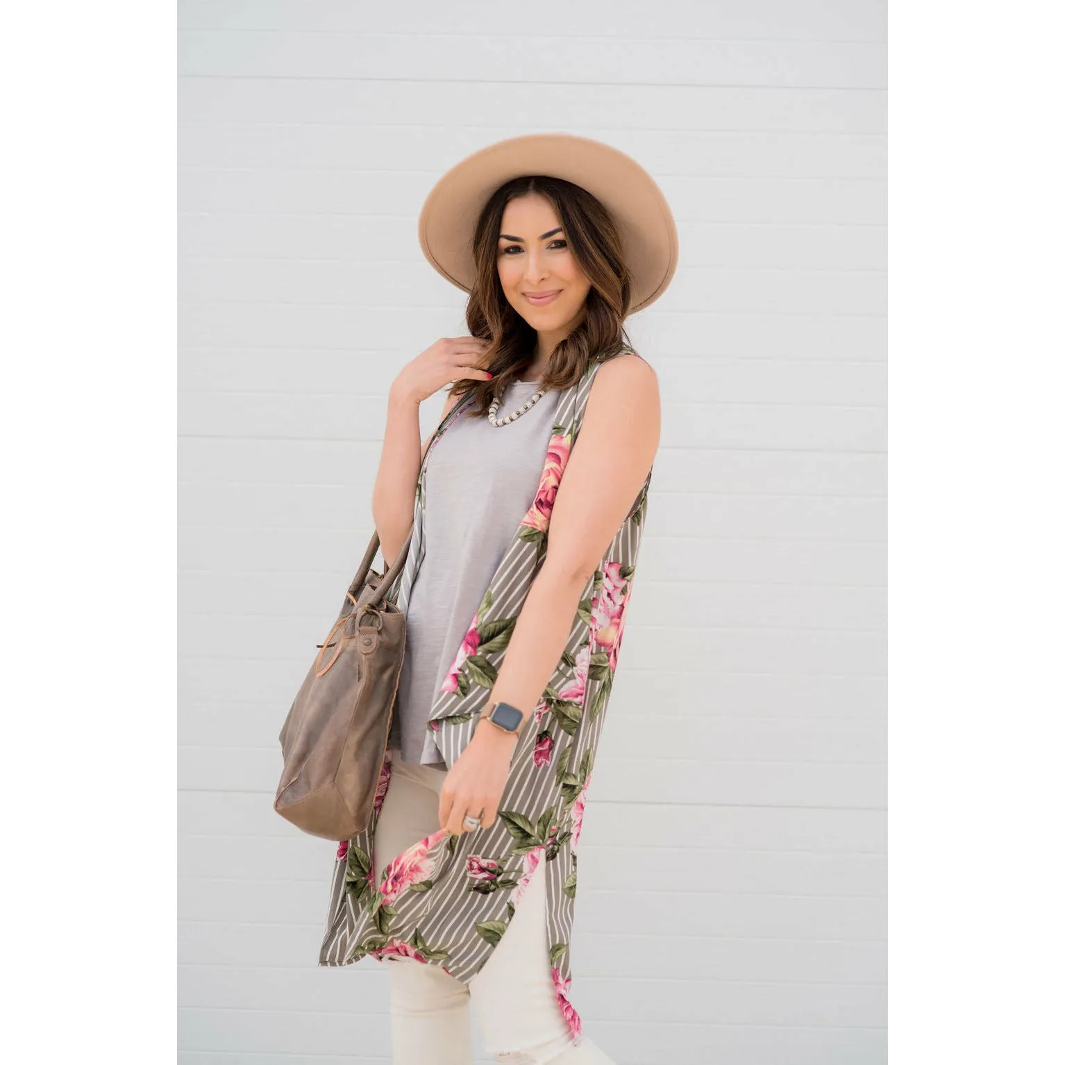 Grey Floral Striped Kimono