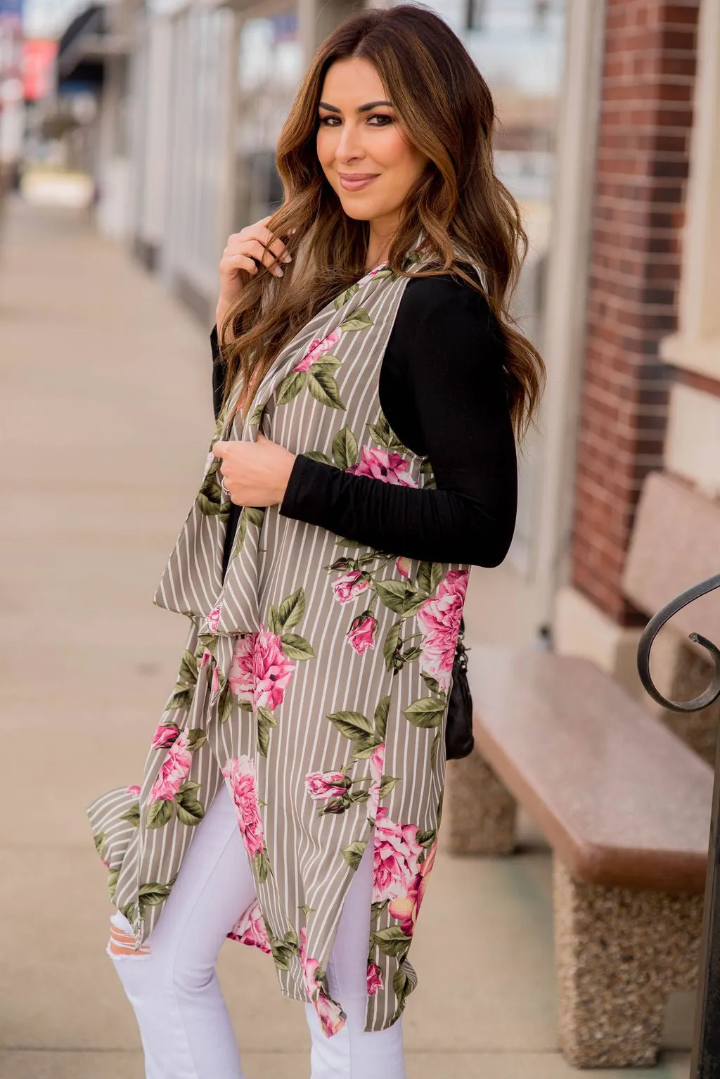 Grey Floral Striped Kimono