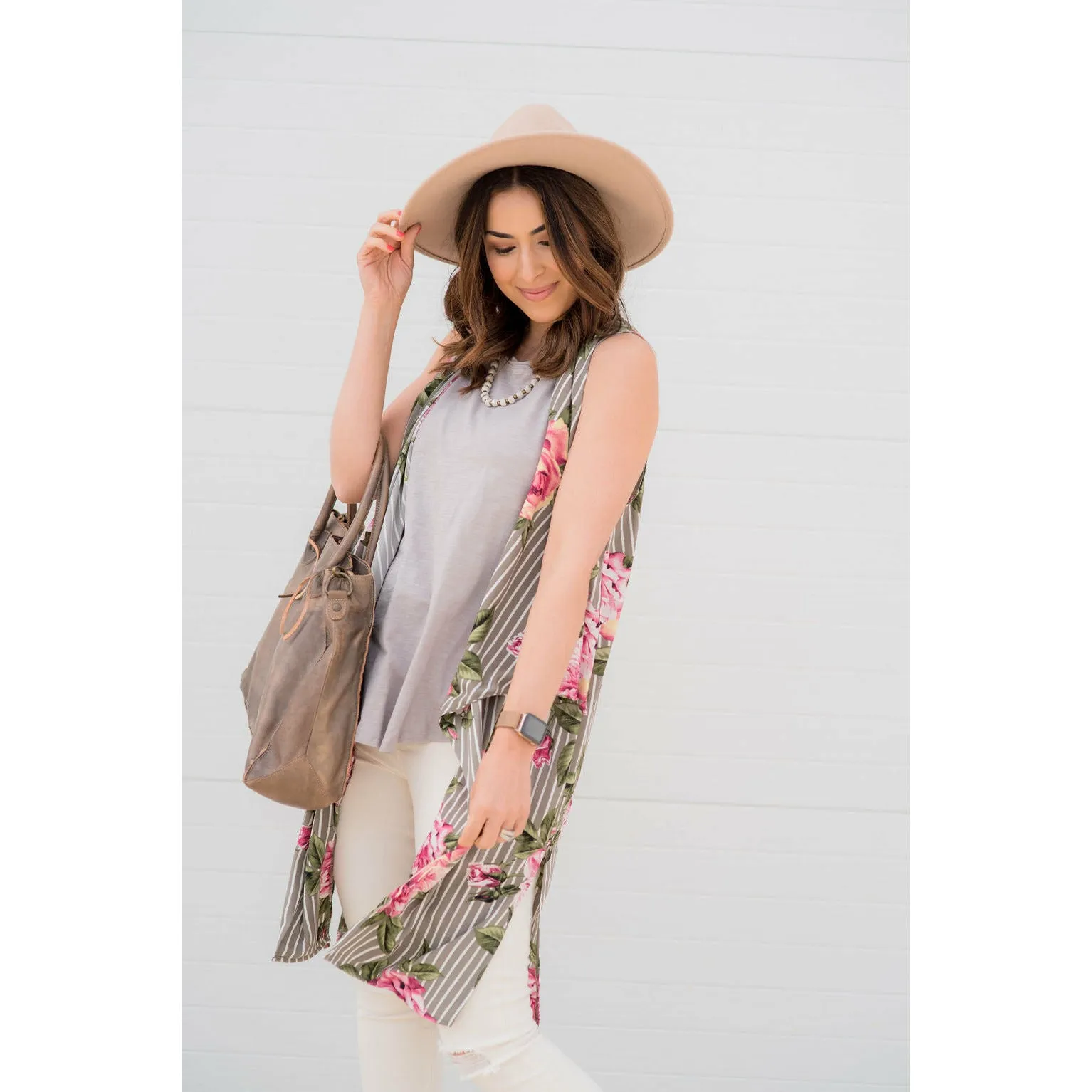 Grey Floral Striped Kimono