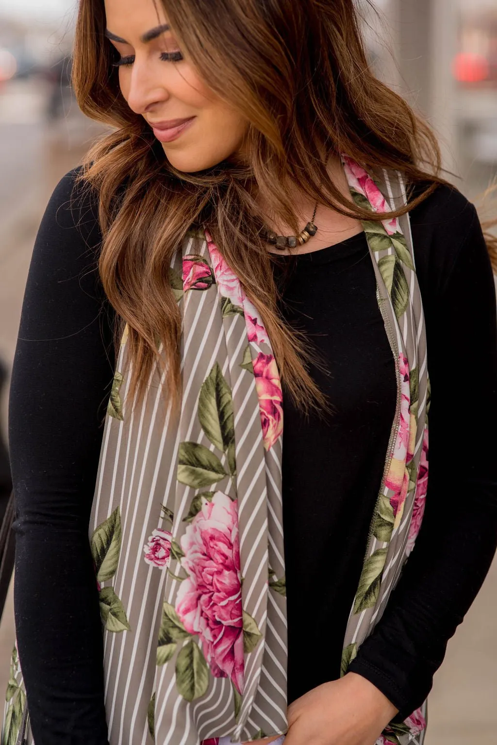 Grey Floral Striped Kimono
