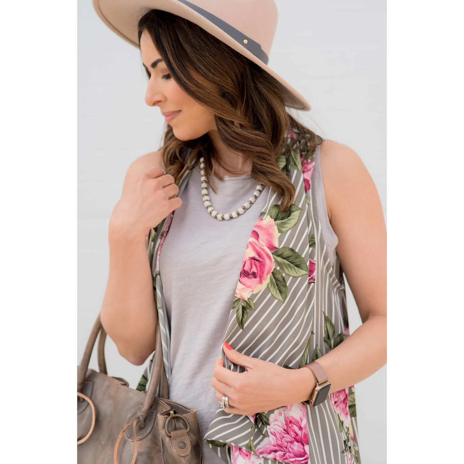 Grey Floral Striped Kimono
