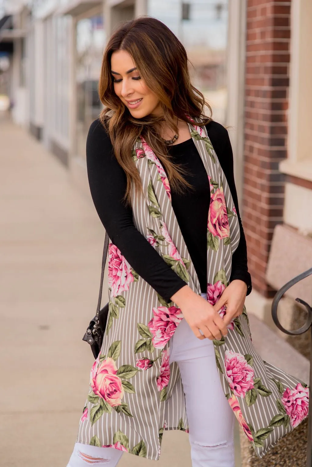 Grey Floral Striped Kimono