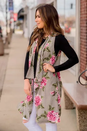 Grey Floral Striped Kimono