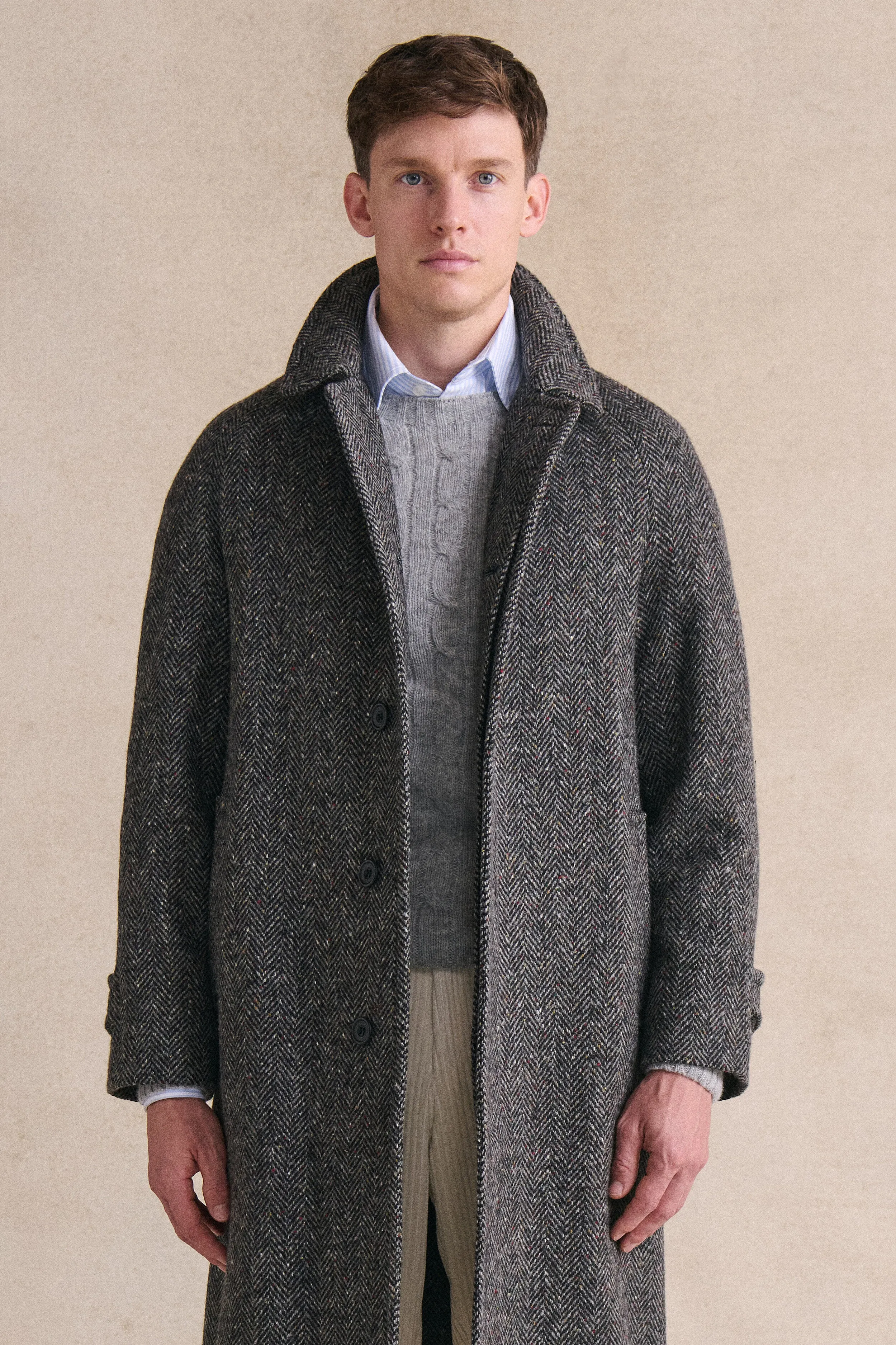Grey Herringbone Raglan Sleeve Overcoat