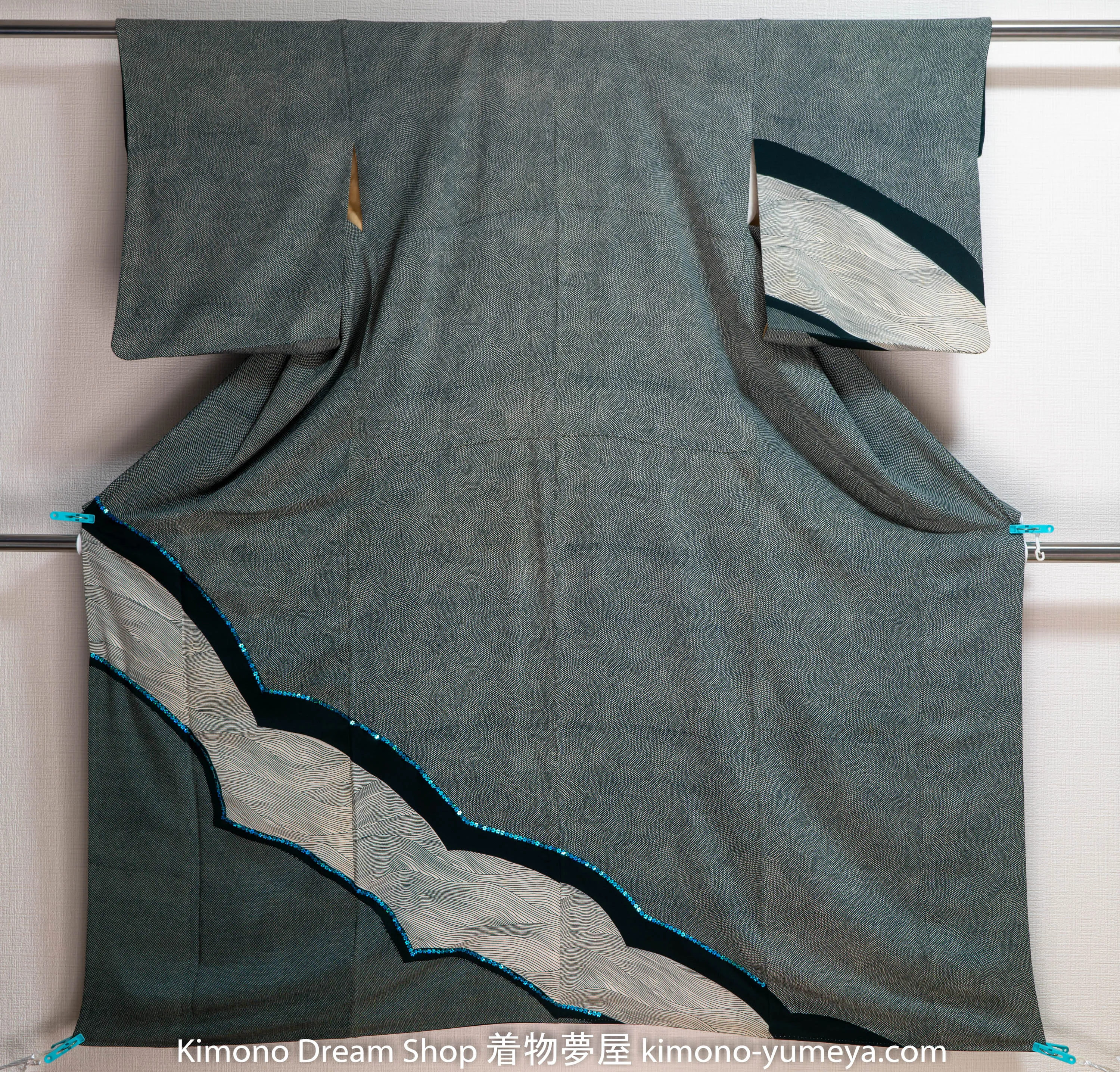 Grey Houmongi - Formal Silk Japanese Kimono Robe - Vintage Homongi - Komon Dots Waves