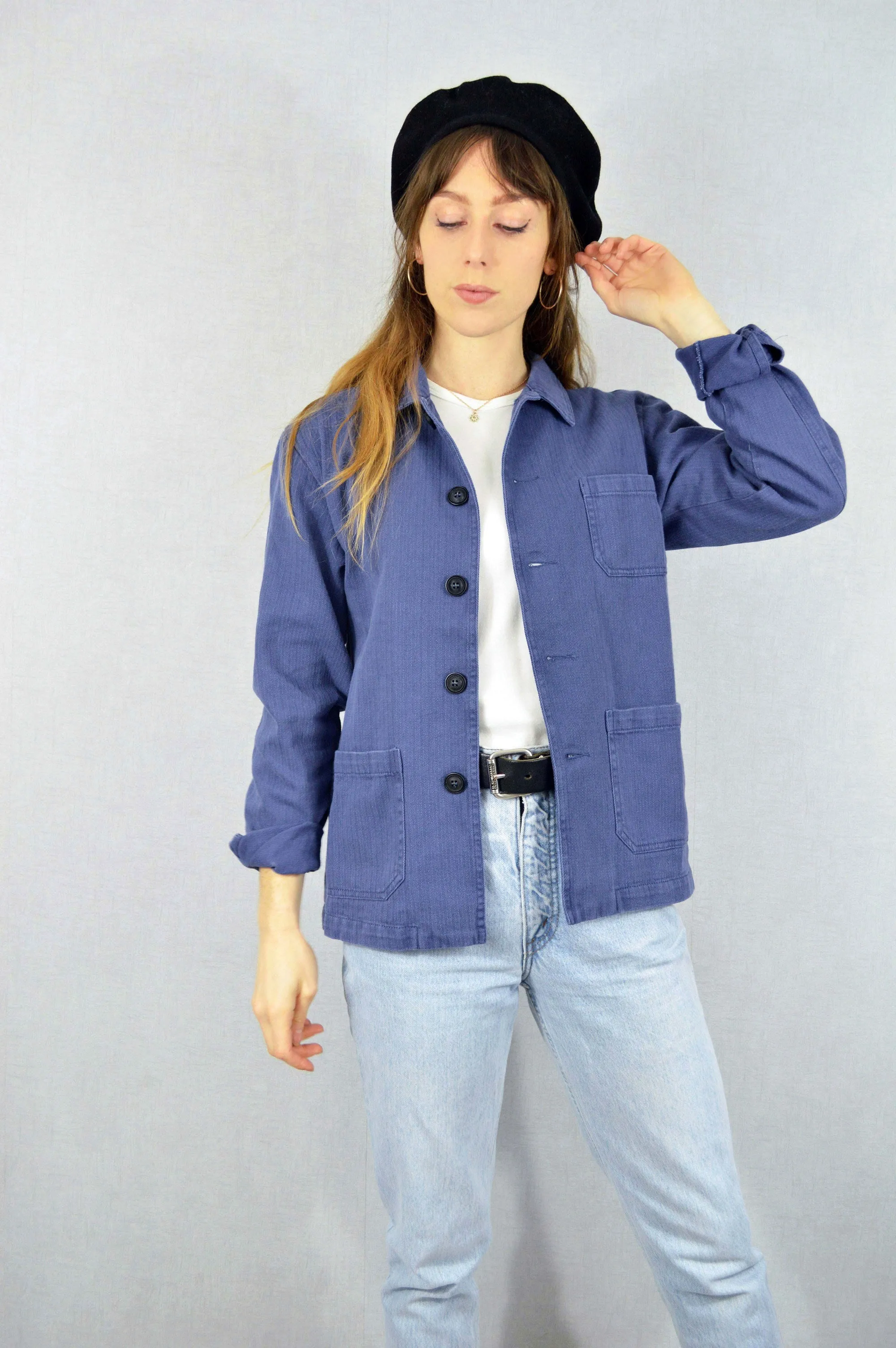 Herringbone Cotton Twill Chore Jacket Indigo Blue