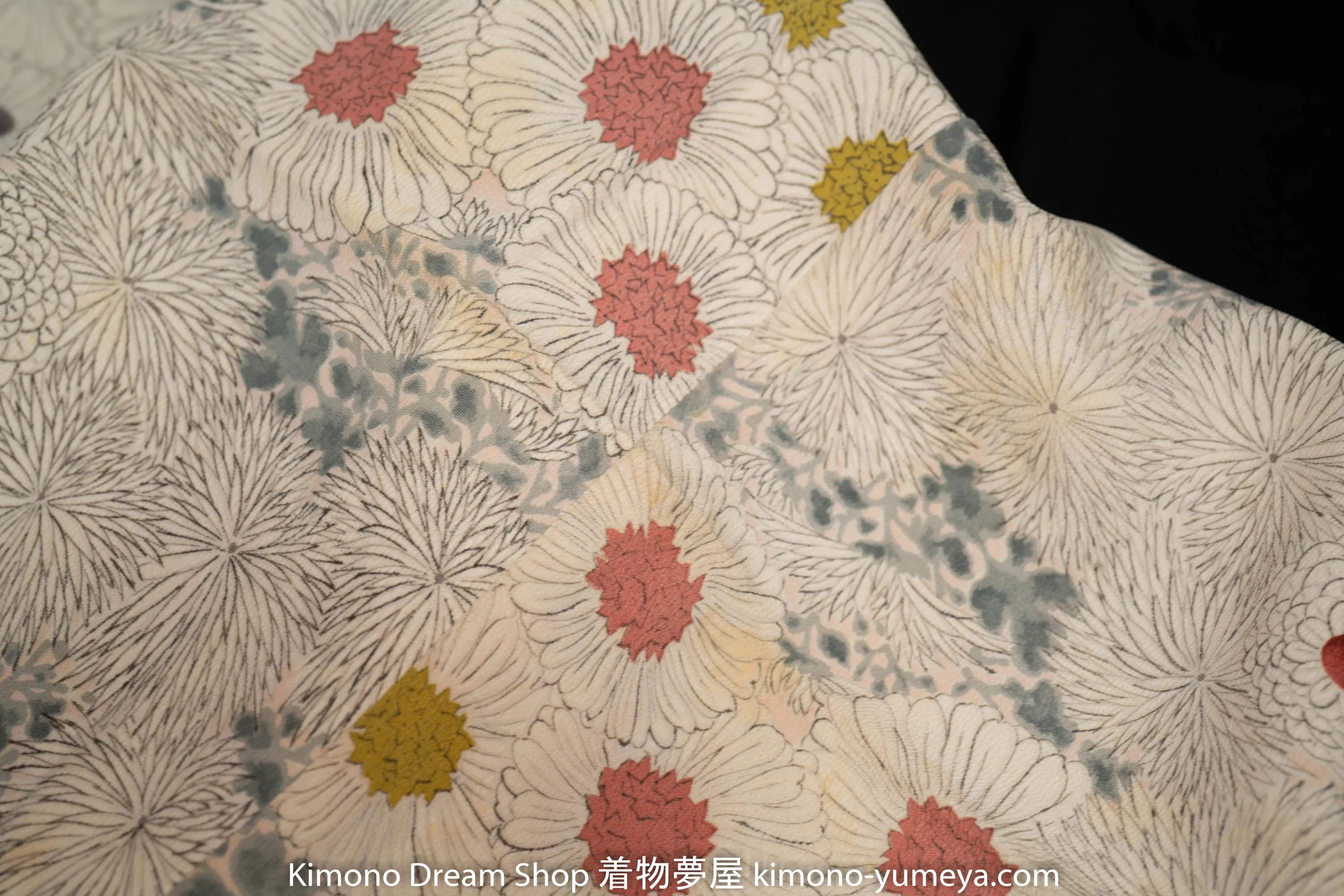 Highly Detailed Pencil Drawn Style Komon Kimono - Chrysanthemum Flowers Stencil - White Vintage Silk