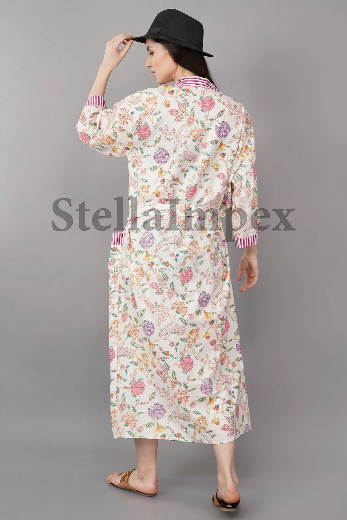 Indian Handmade Cotton Kimono Elegant White & Pink Floral Bathrobe Resort Wear Beach Bikini Cover-ups Boho Kimono Bathrobe, Gift for Her