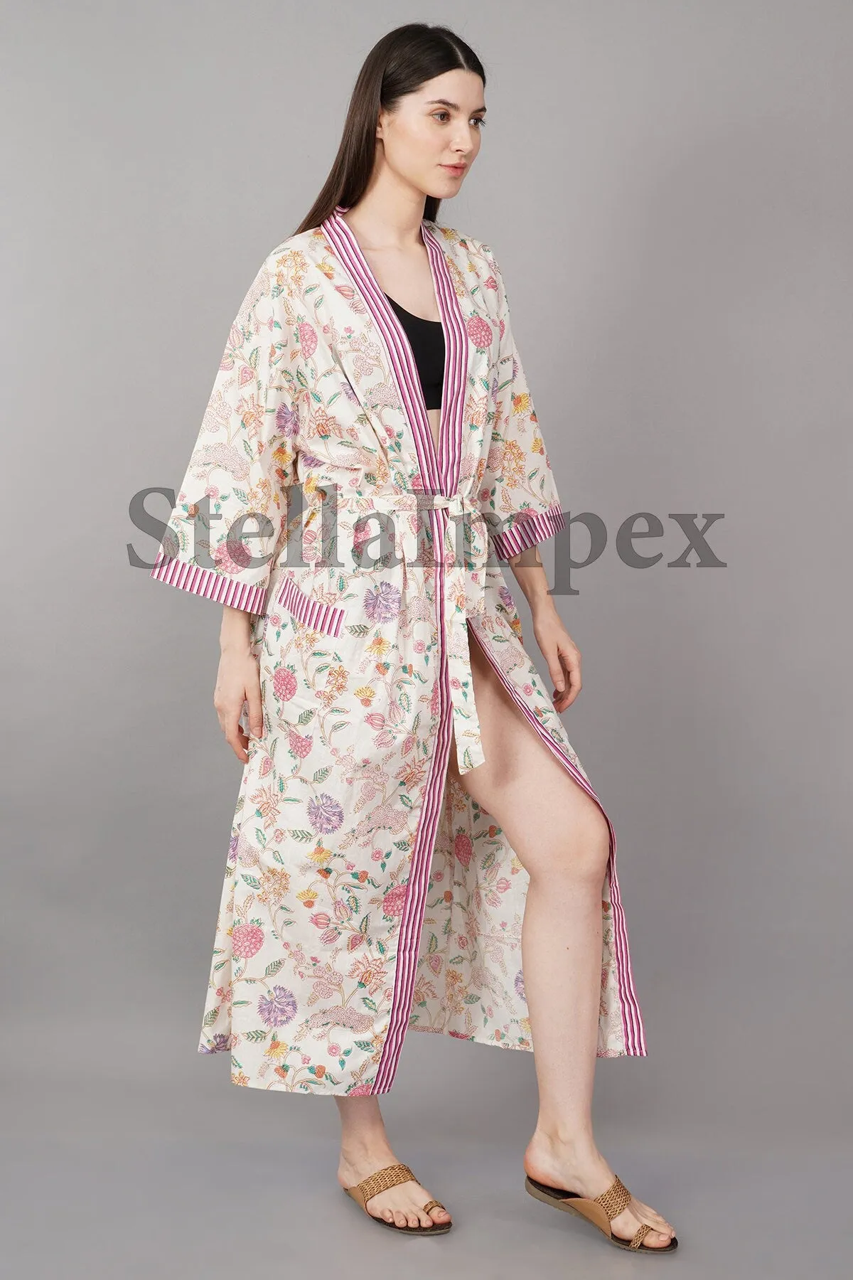Indian Handmade Cotton Kimono Elegant White & Pink Floral Bathrobe Resort Wear Beach Bikini Cover-ups Boho Kimono Bathrobe, Gift for Her