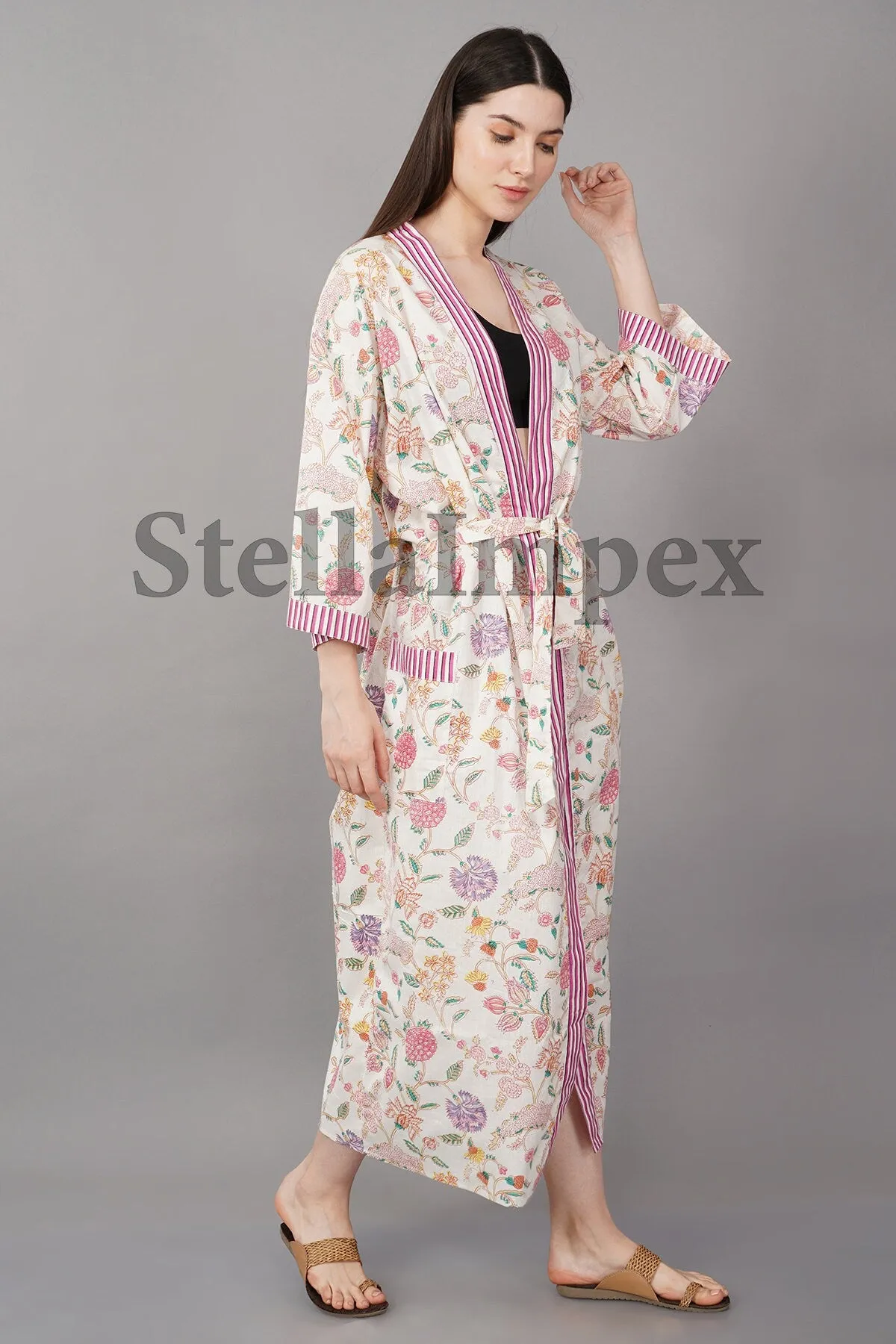 Indian Handmade Cotton Kimono Elegant White & Pink Floral Bathrobe Resort Wear Beach Bikini Cover-ups Boho Kimono Bathrobe, Gift for Her