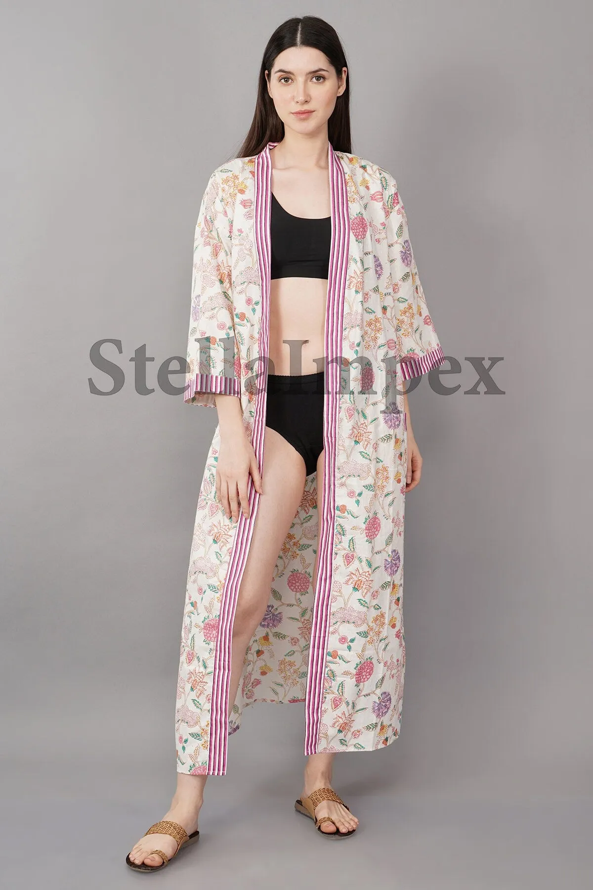 Indian Handmade Cotton Kimono Elegant White & Pink Floral Bathrobe Resort Wear Beach Bikini Cover-ups Boho Kimono Bathrobe, Gift for Her