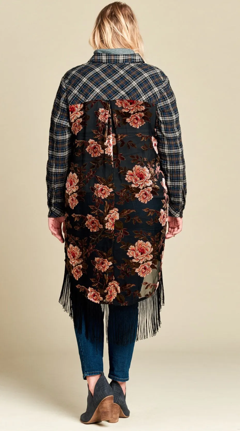 Jo Flannel Kimono with Velvet Floral Burnout Back