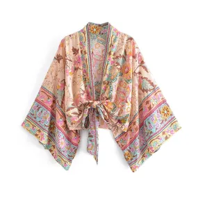 Kimono Tie Top Floral Beige Pink