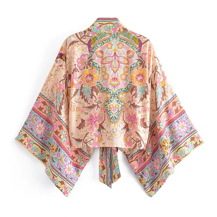 Kimono Tie Top Floral Beige Pink