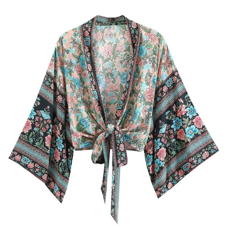Kimono Tie Top Pink-Blue Flowers