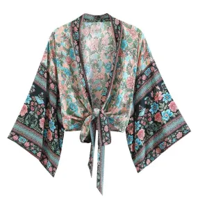 Kimono Tie Top Pink-Blue Flowers