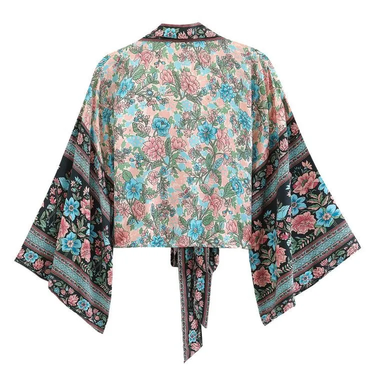 Kimono Tie Top Pink-Blue Flowers
