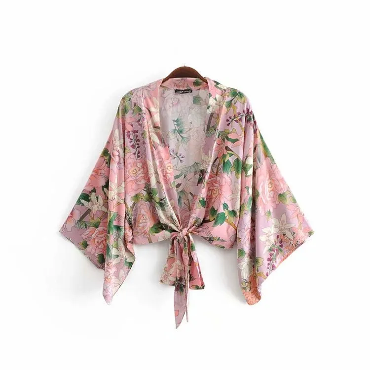 Kimono Tie Top Pink Flower