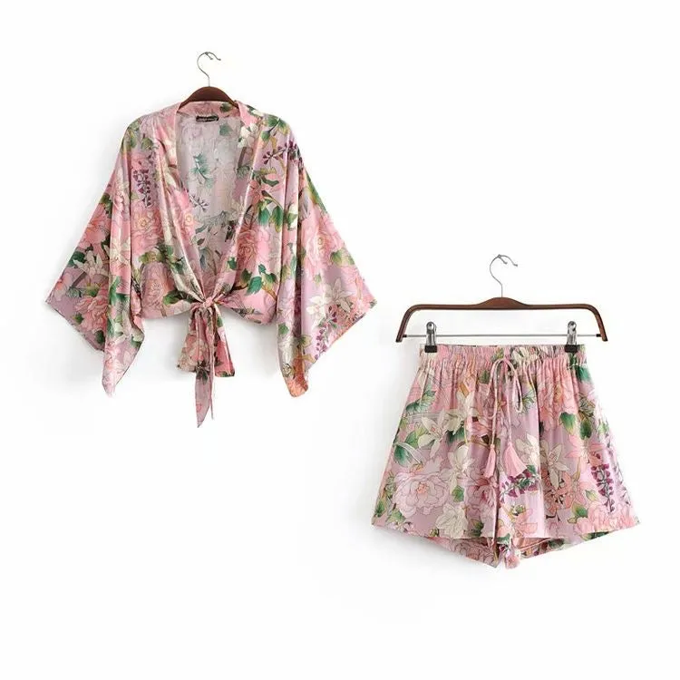 Kimono Tie Top Pink Flower