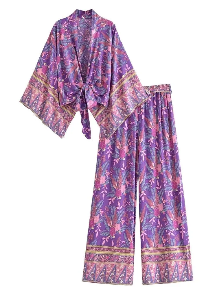 Kimono Tie Top Purple Flowers