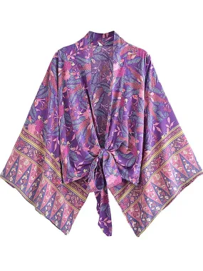 Kimono Tie Top Purple Flowers