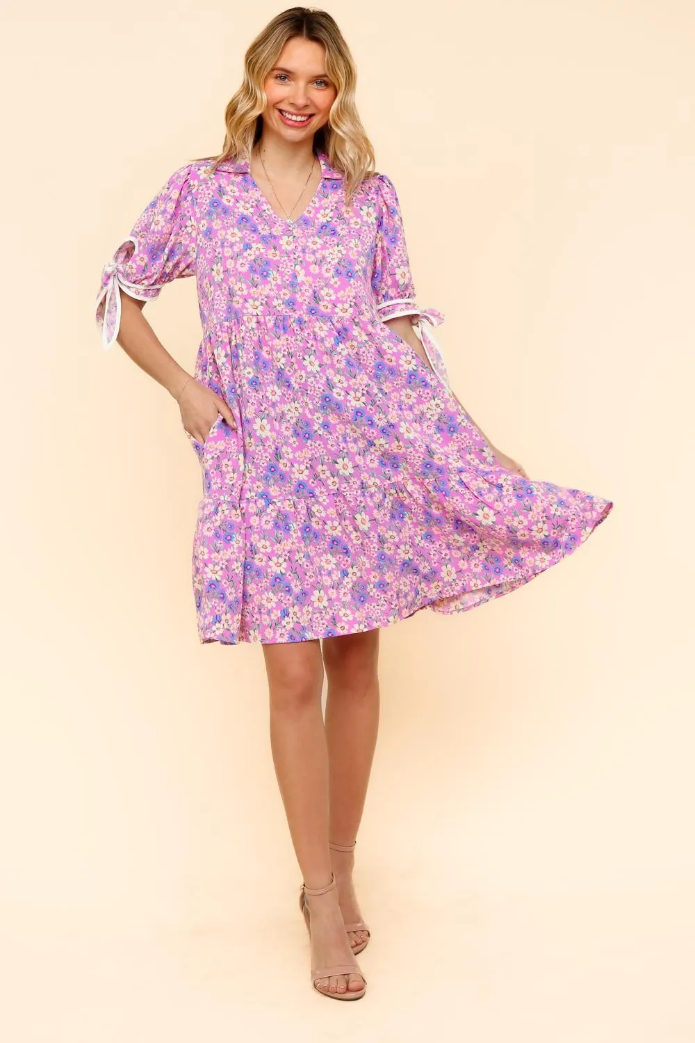 KNEE LENGTH DRESS W/ BOW TIE SHORT SLEEVES