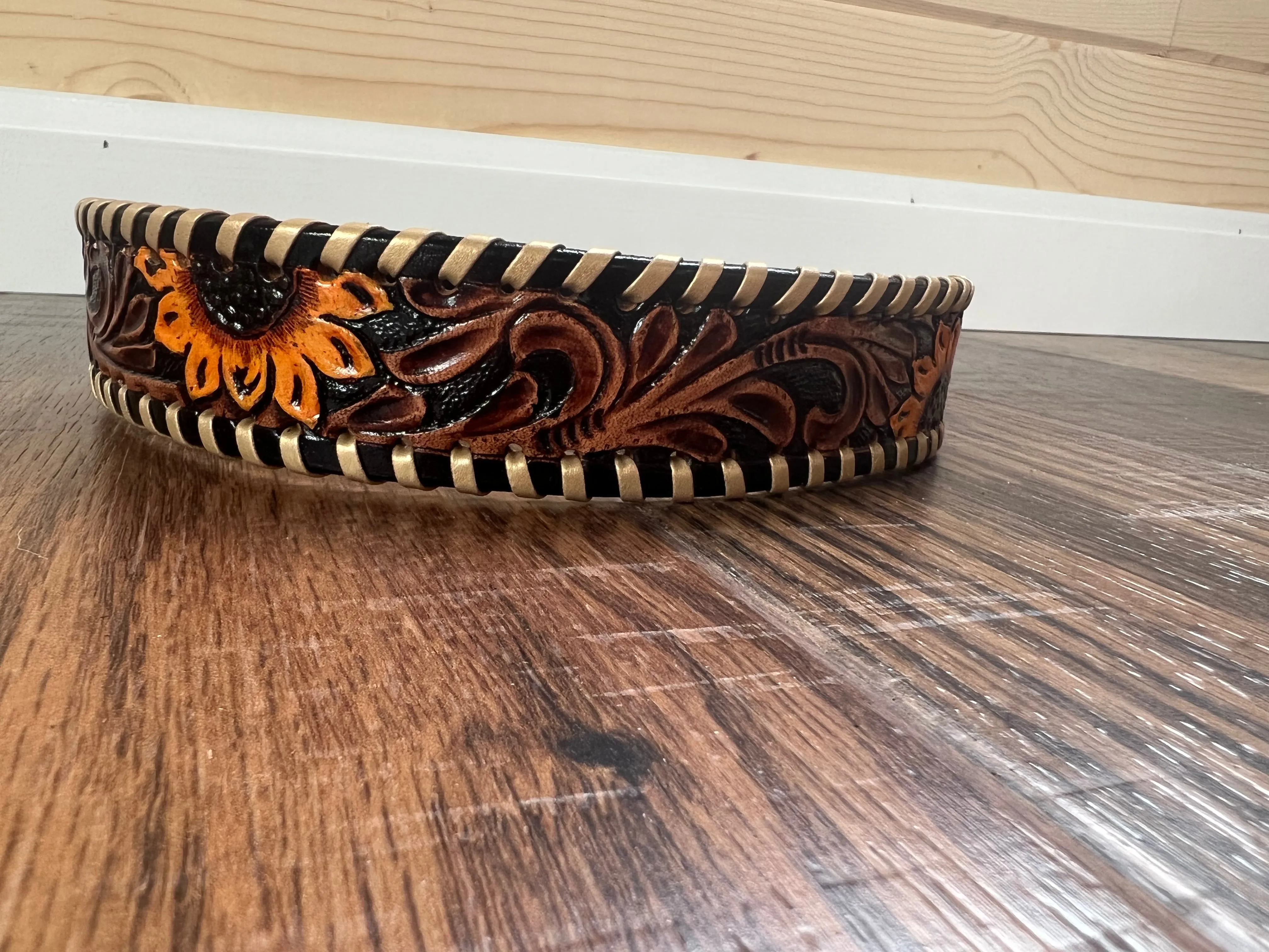 Leather Tooled Dog Collar with Sunflowers and Leather lacing