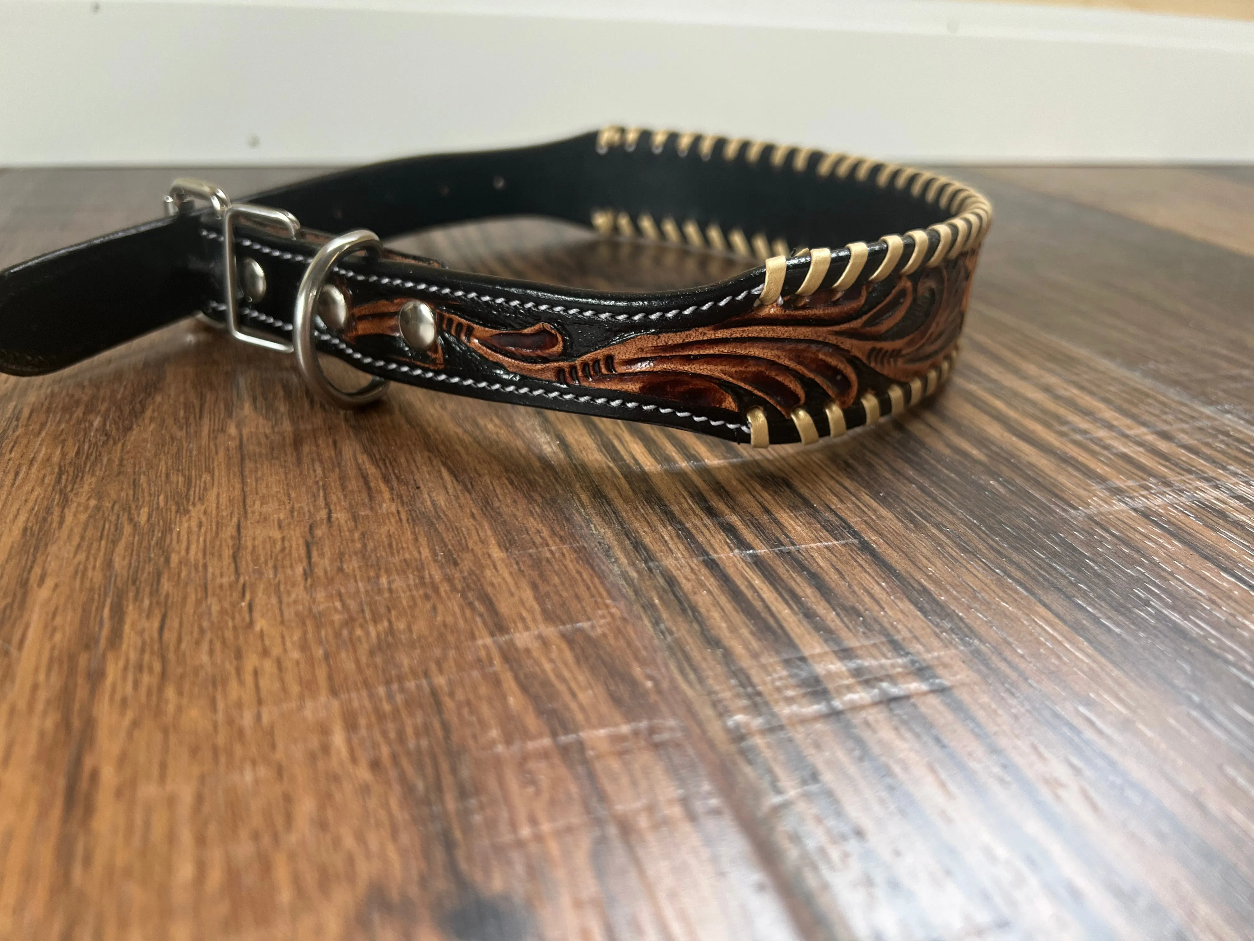 Leather Tooled Dog Collar with Sunflowers and Leather lacing
