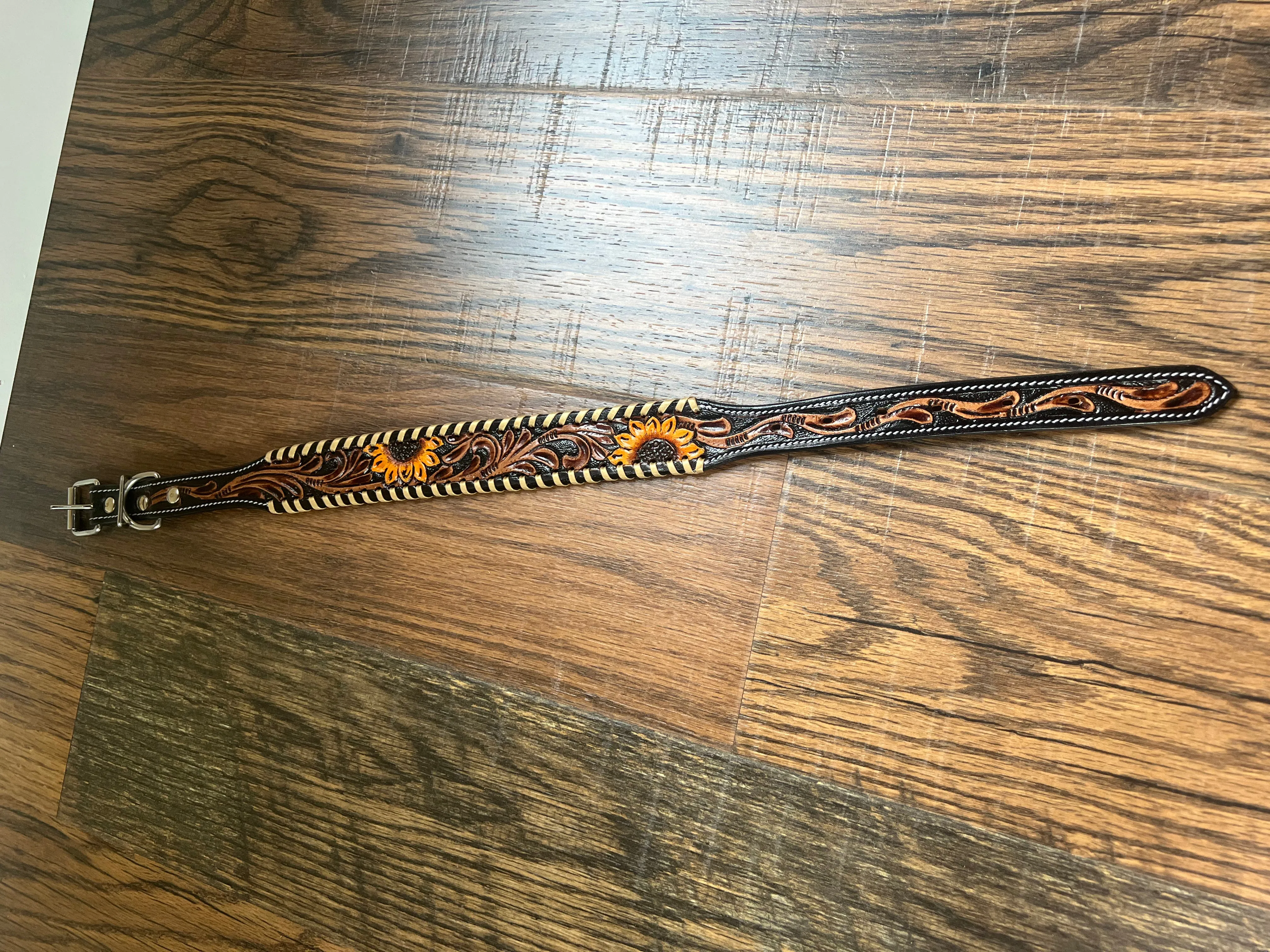 Leather Tooled Dog Collar with Sunflowers and Leather lacing