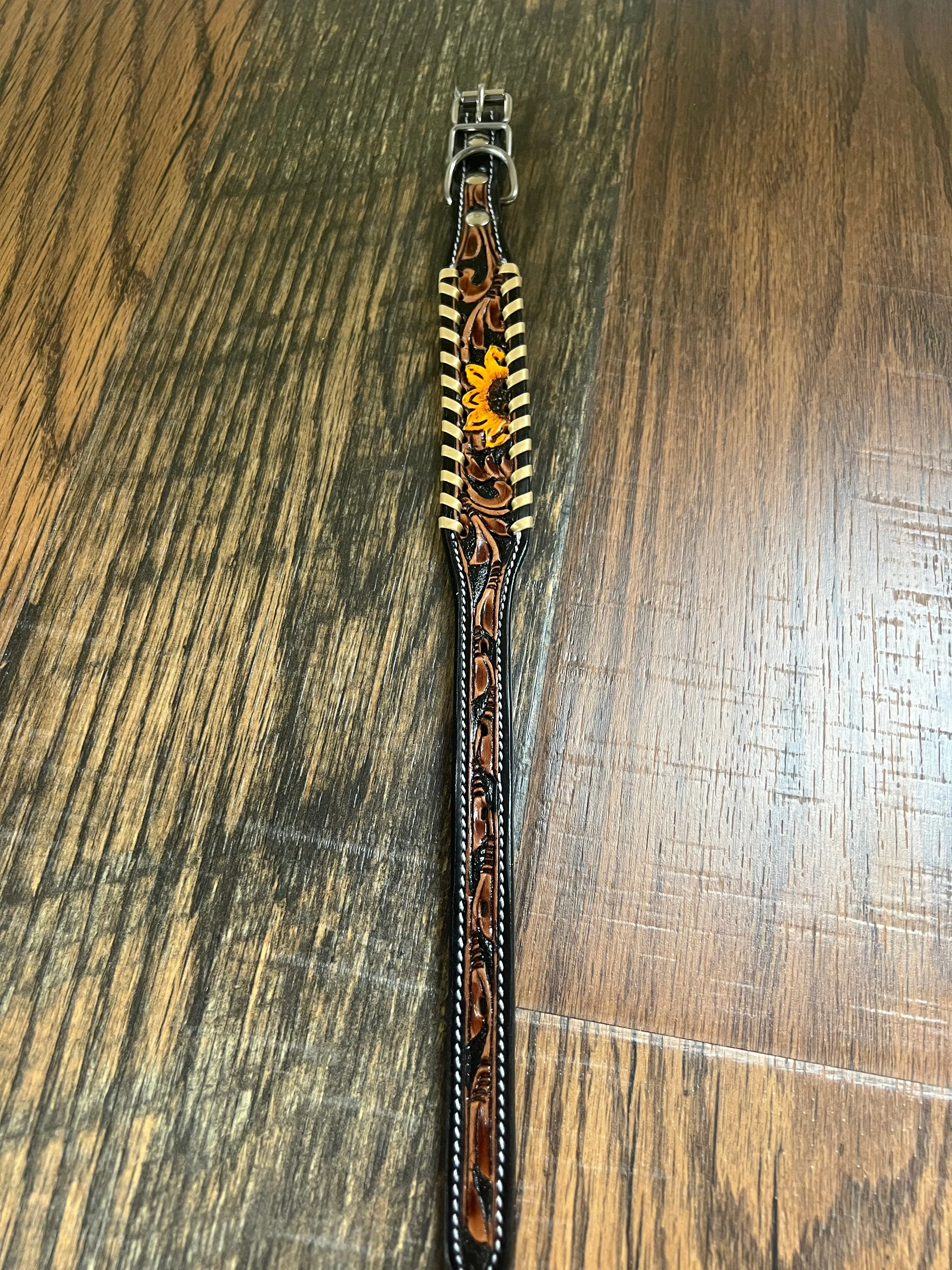 Leather Tooled Dog Collar with Sunflowers and Leather lacing
