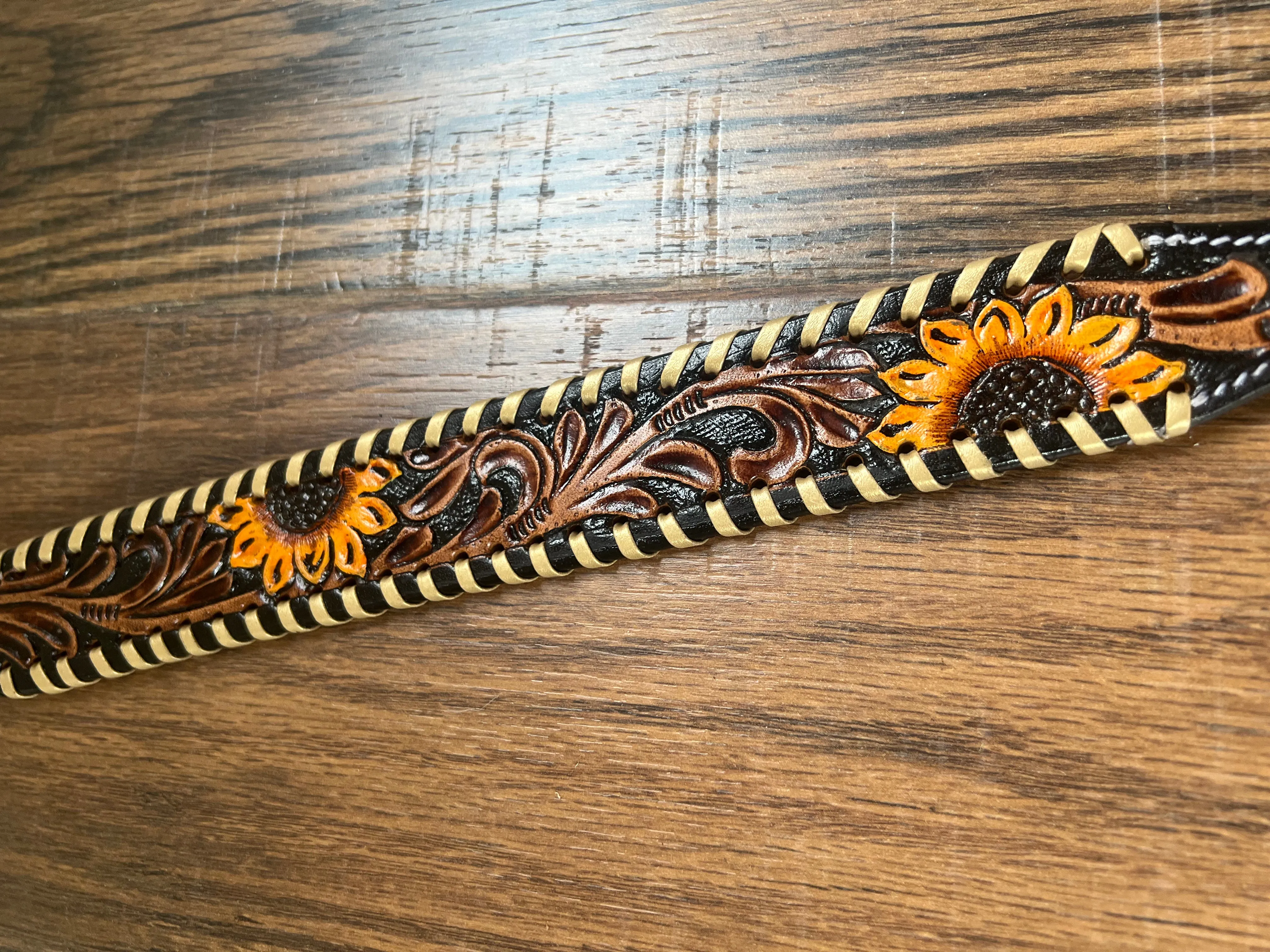 Leather Tooled Dog Collar with Sunflowers and Leather lacing