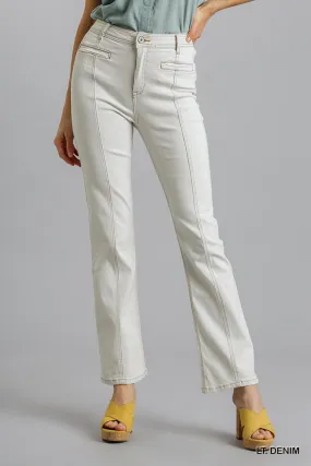 Light Blue Denim Panel Straight Cut Denim Jeans With Pockets