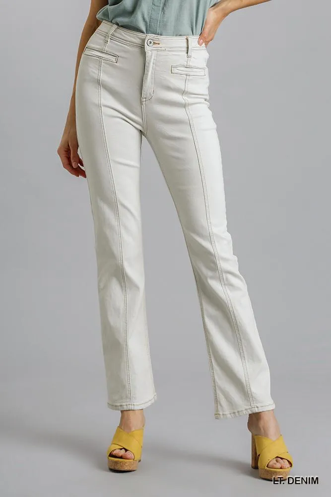 Light Blue Denim Panel Straight Cut Denim Jeans With Pockets