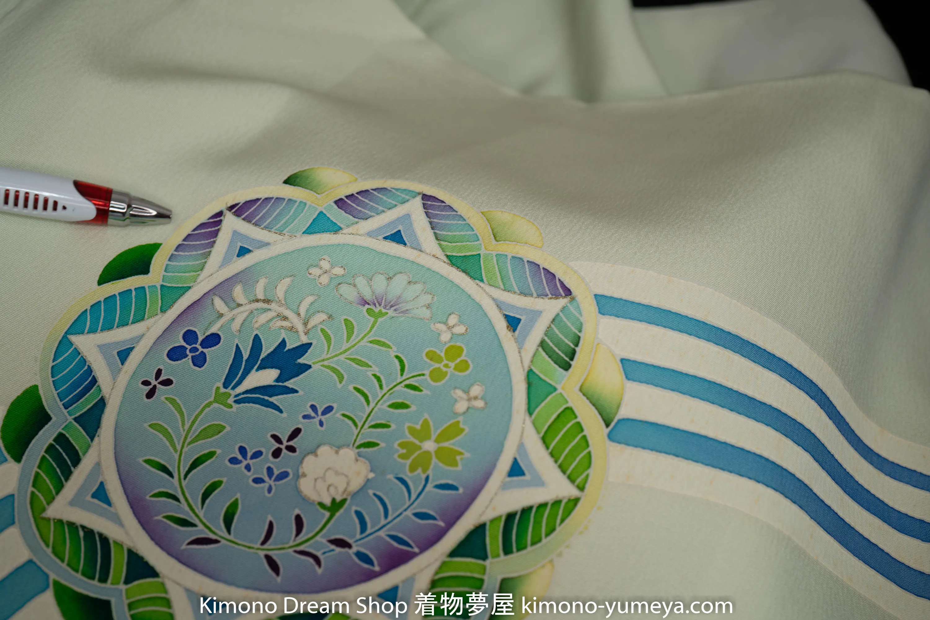 Light Green Geometric Homongi - Floral Silk Houmongi - Hand Painted Fading Gold Modern Art Unused