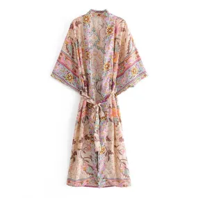 Long Kimono Floral Beige-Pink